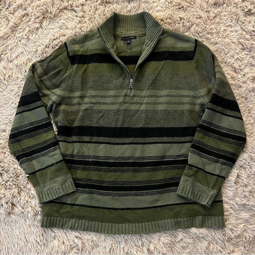 Banana Republic Sweater XL Wool Green and Black Striped Zip Neck